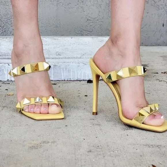 Yellow Square Open Toe High Heel Shoes for Women Slip On Gold Finish Studs - Picture 2 of 4